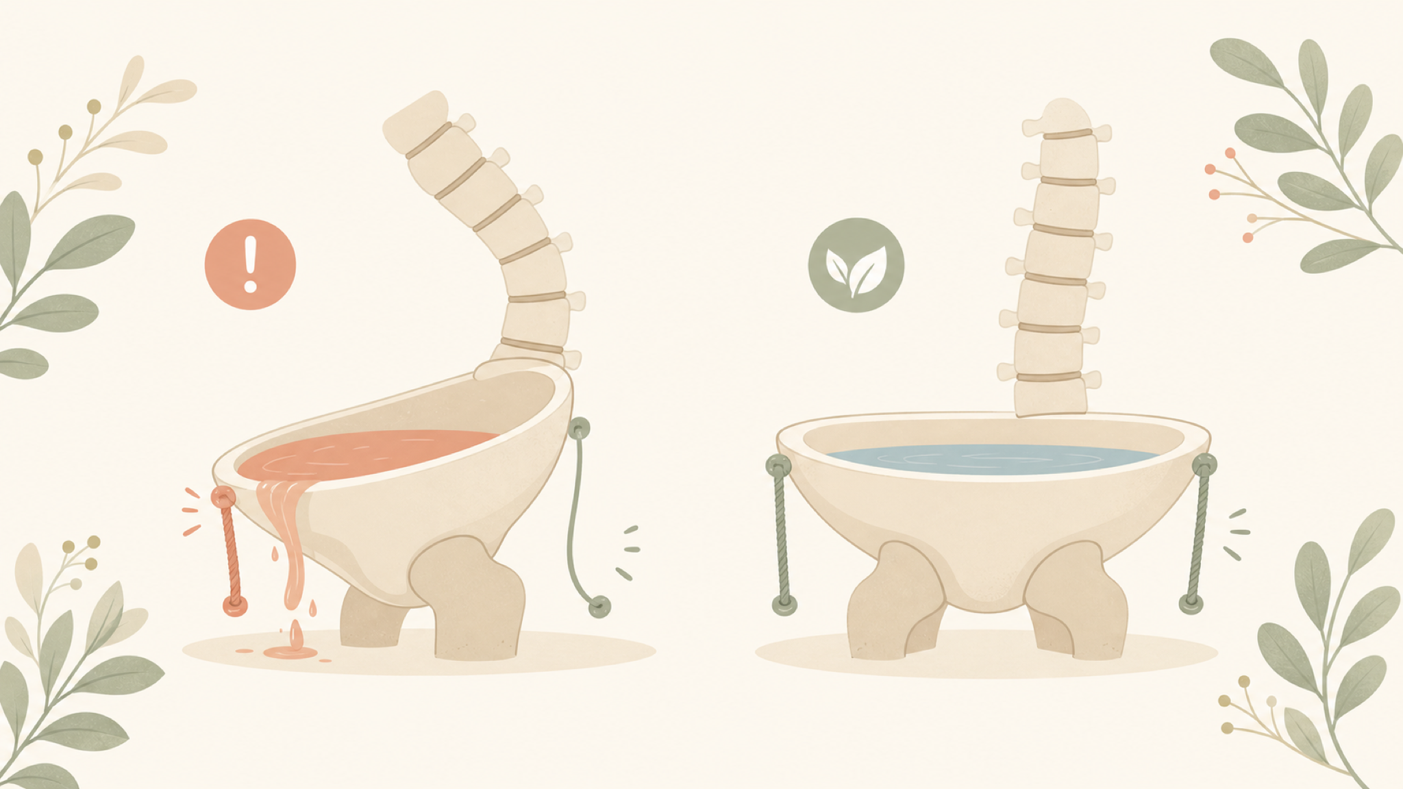 A soft flat diagram of the pelvis as a bowl of water: on the left it tips forward and spills as the low back over-arches (tight hip flexors, quiet glutes); on the right it sits level and balanced with a neutral spine.