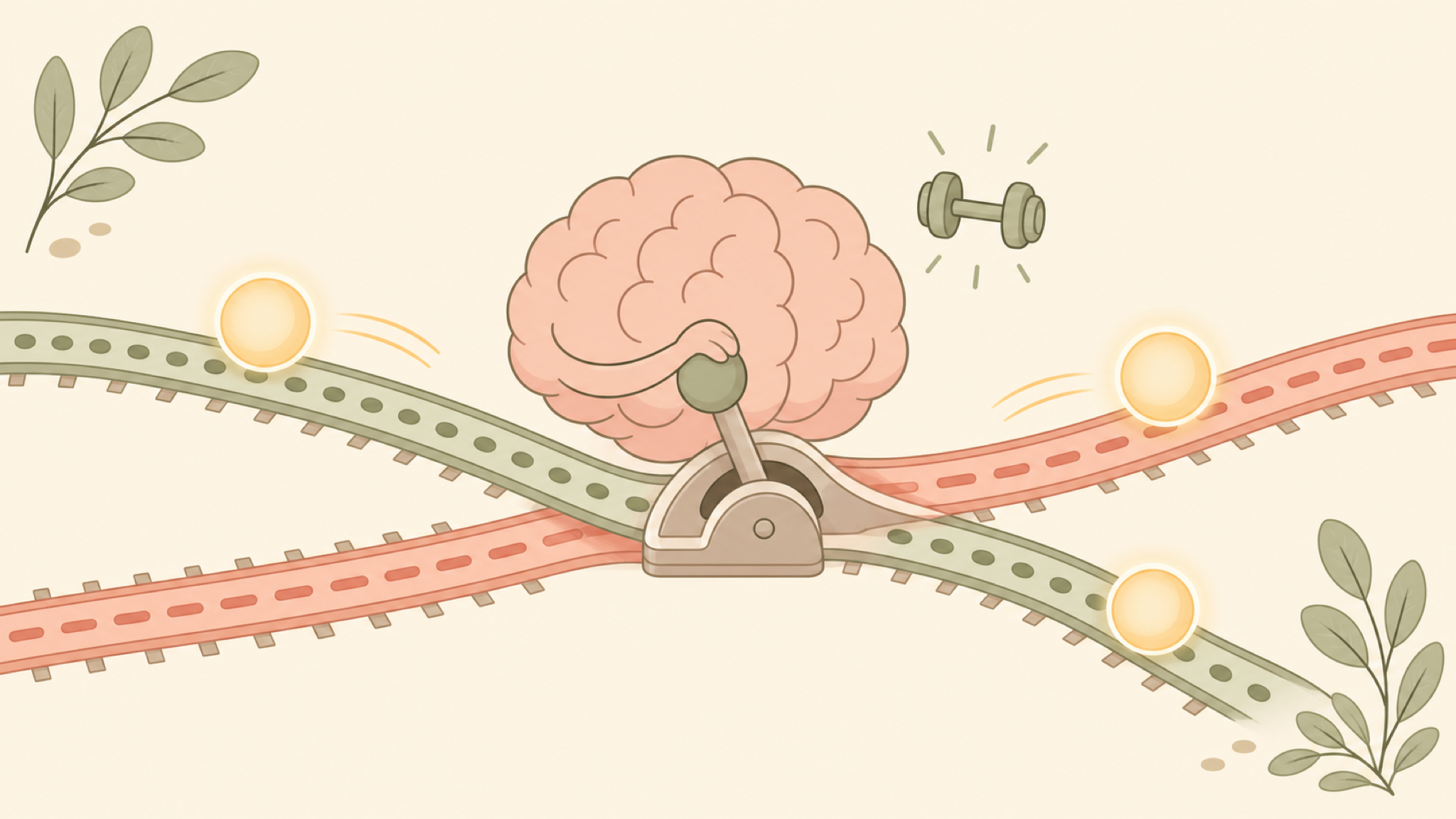 A soft flat diagram: a brain works a railway switch that smoothly routes glowing thought-orbs between a green track and a coral track, with a small dumbbell nearby suggesting the switching is mental exercise.