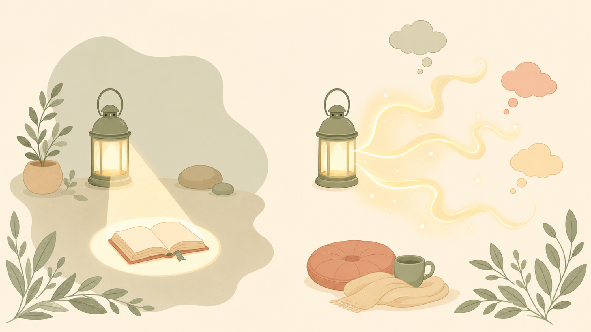 A soft flat diagram: on the left a lantern casts one narrow beam onto a single open book (focus); on the right the same lantern's light scatters into wisps drifting toward small thought-clouds (mind-wandering).