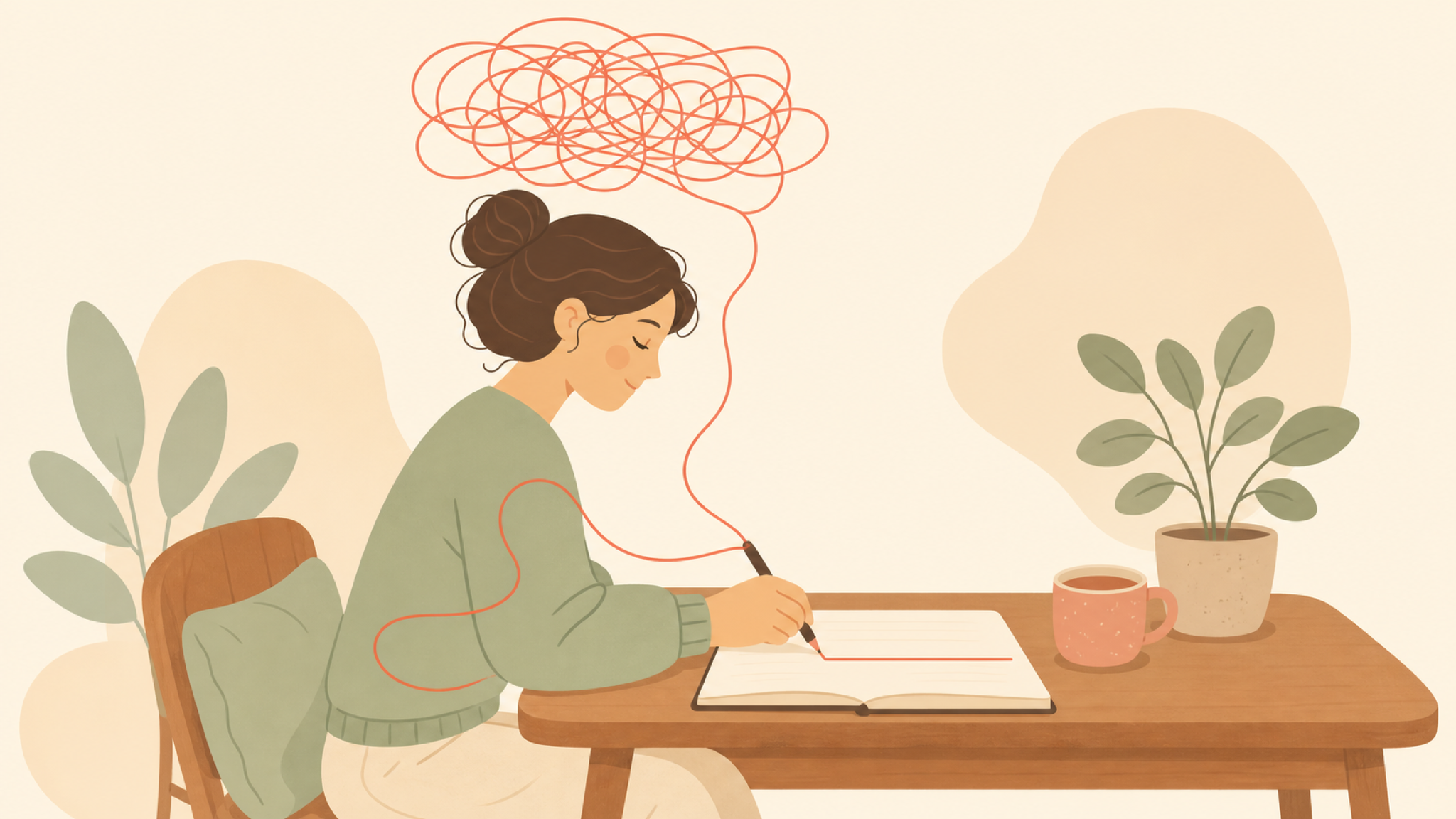 A person writes at a desk while a tangled thread floating above their head runs down through the pen and continues across the notebook page as one straight line