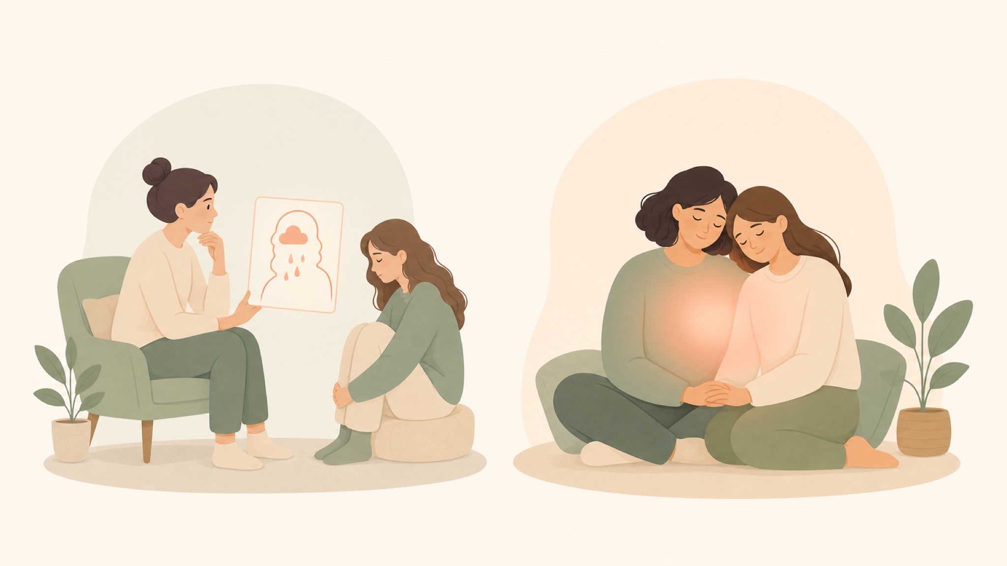 Two calm vignettes: on the left, a person reads another's mood from a small chart held at a slight distance (understanding a feeling); on the right, two people sit close with a soft shared glow between them (feeling it together)