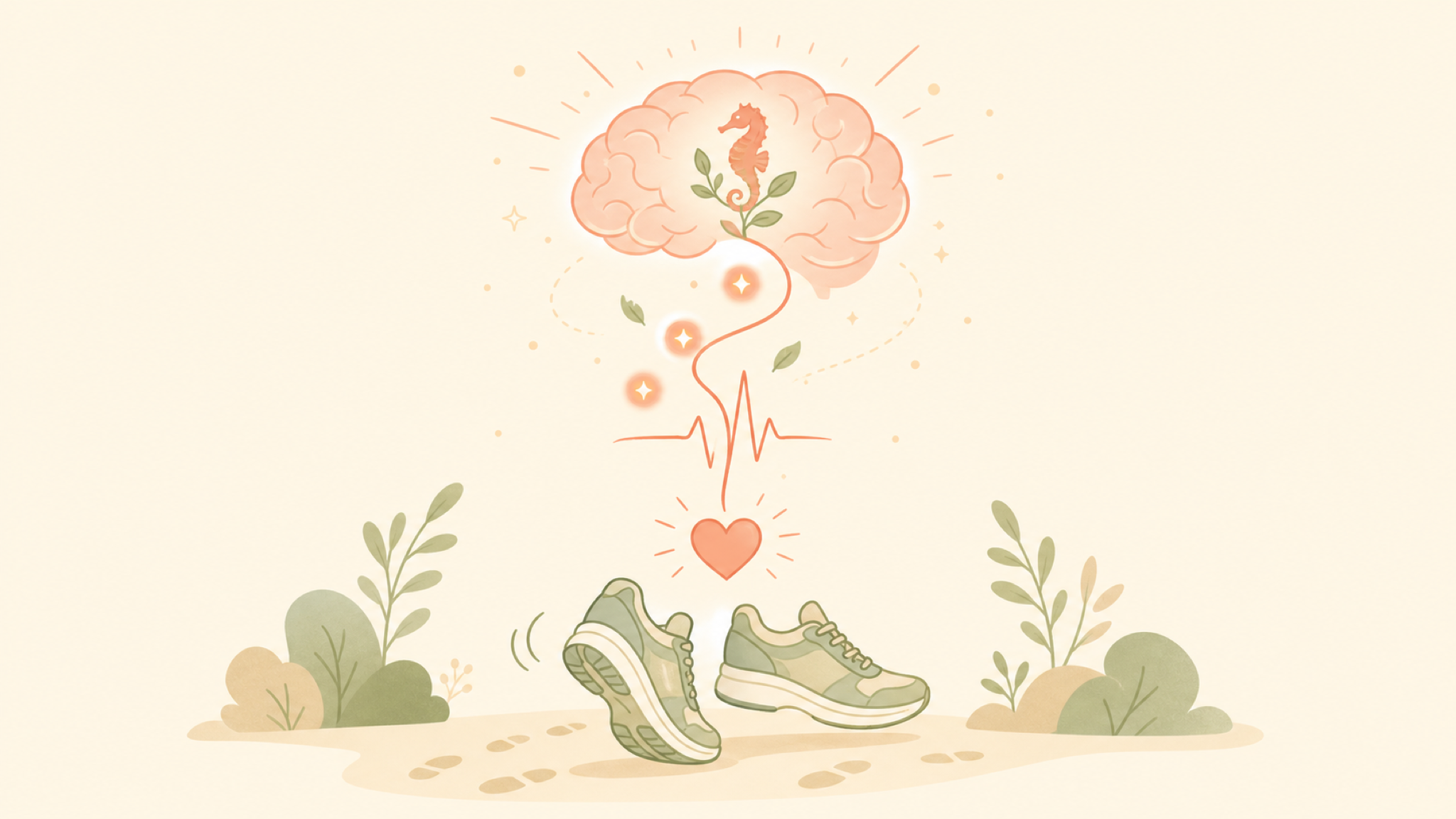 A soft flat diagram: walking shoes in motion send a heartbeat pulse rising up to a glowing brain, where a seahorse-shaped memory center sprouts like a growing leaf.
