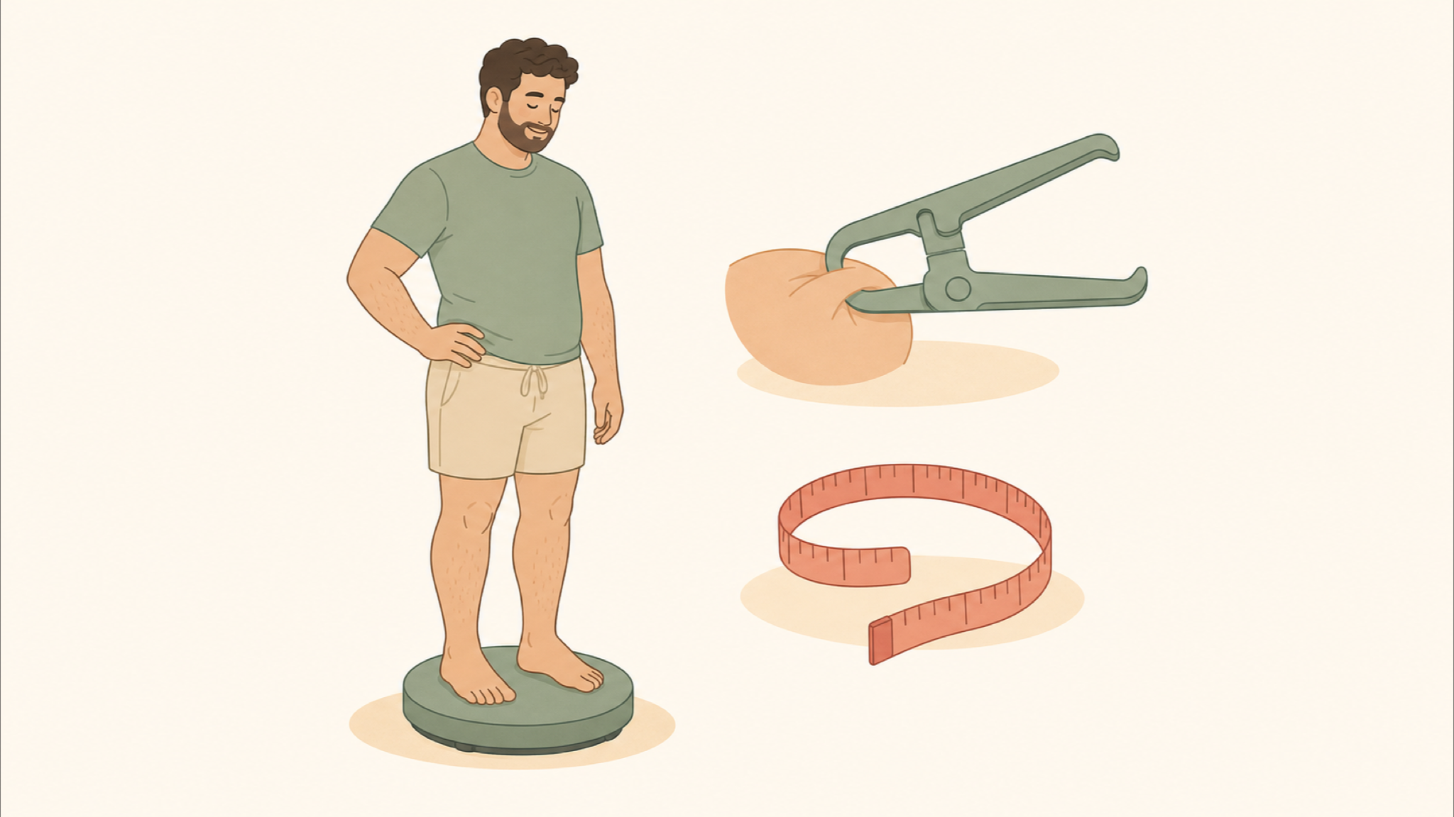 A relaxed man standing on a bathroom scale beside a skinfold caliper pinching a soft fold and an open loop of measuring tape