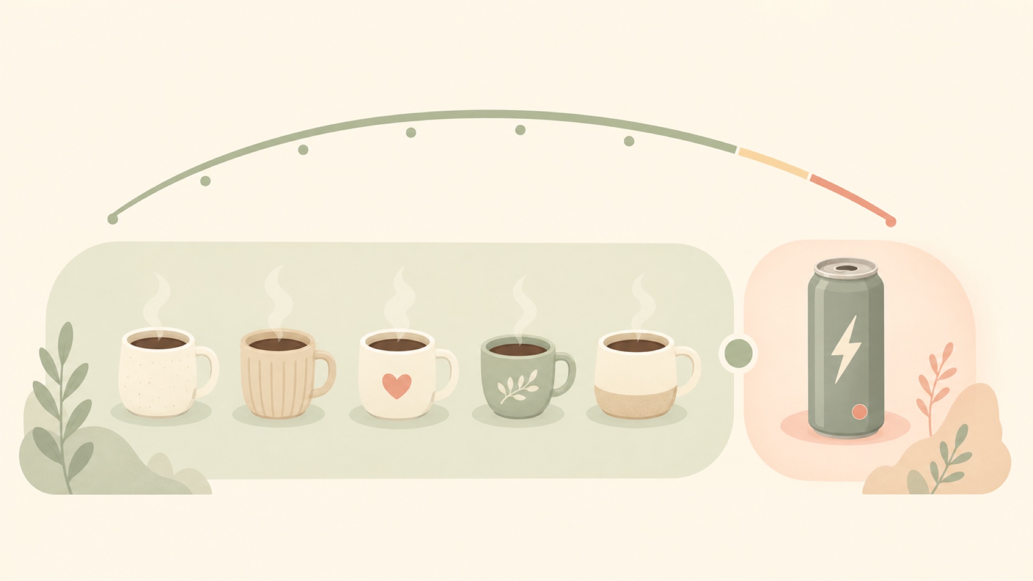 A soft dose scale: a row of five steaming coffee cups (one with a heart) sits inside a calm safe band, while a single high-caffeine energy drink can stands apart in a light caution zone