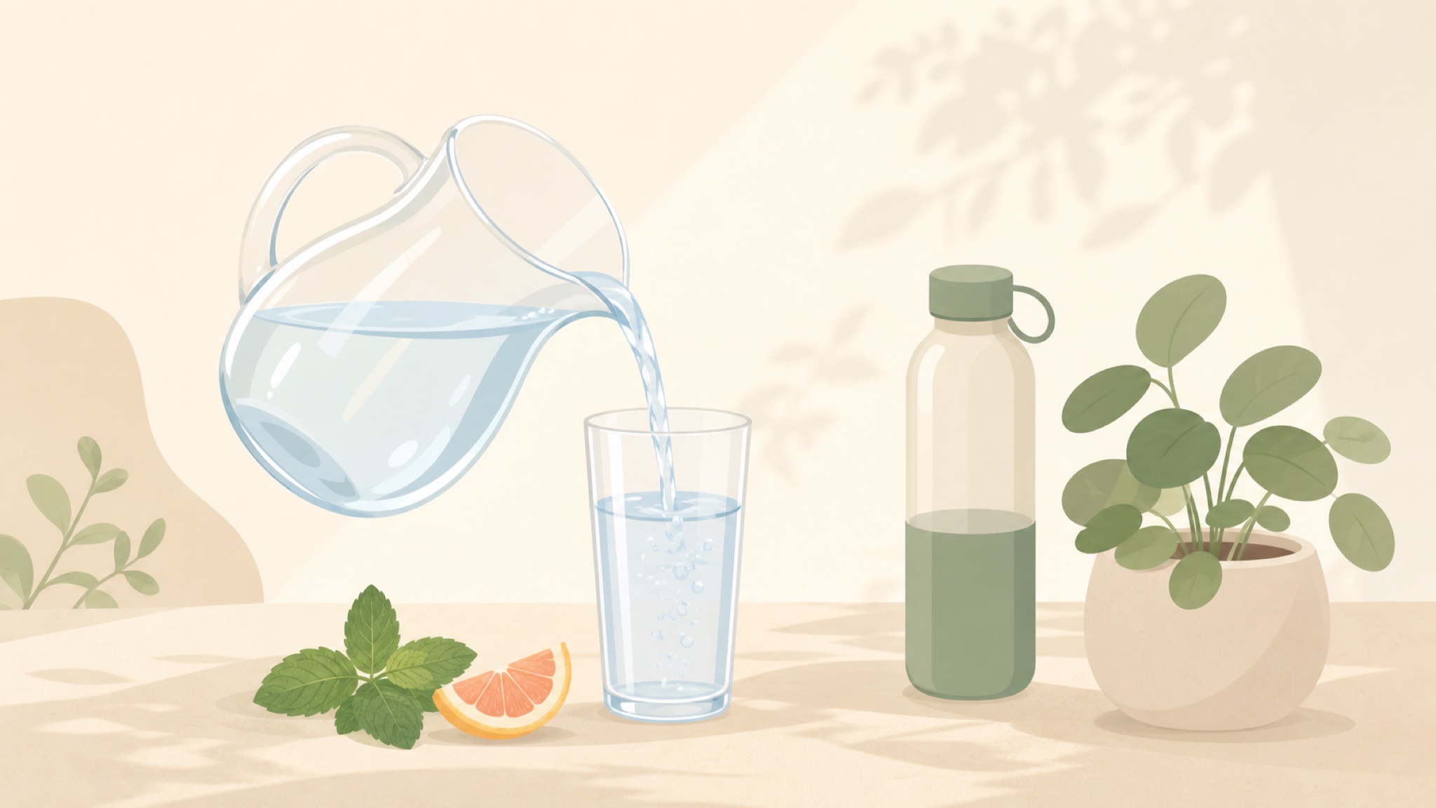 A glass pitcher pouring water into a tall glass in soft light, with fresh mint leaves, a lemon slice, a reusable water bottle, and a small potted plant nearby