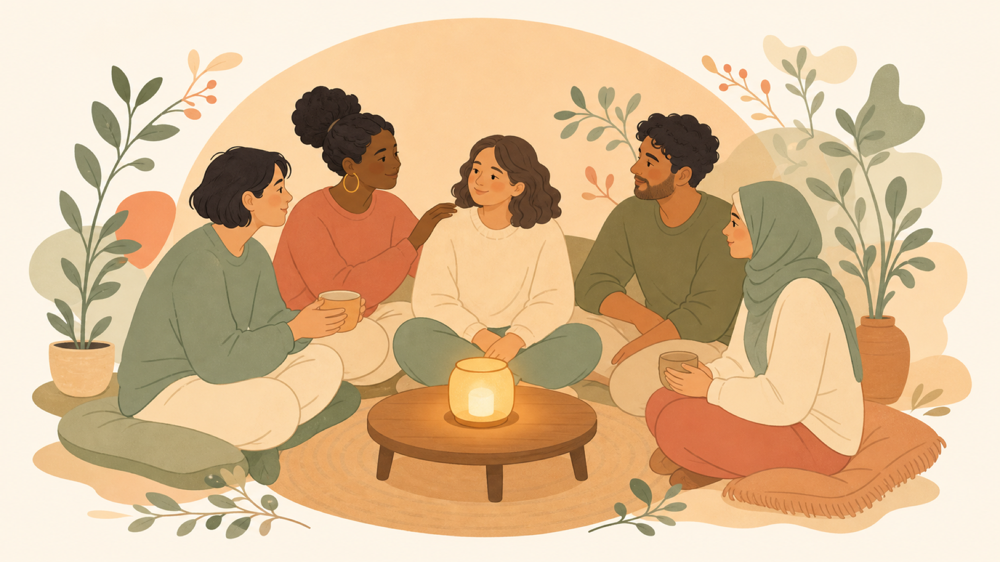 A warm illustration of five diverse people sitting together in a relaxed circle around a single glowing candle-lantern on a low table, sharing tea, with soft plants around them