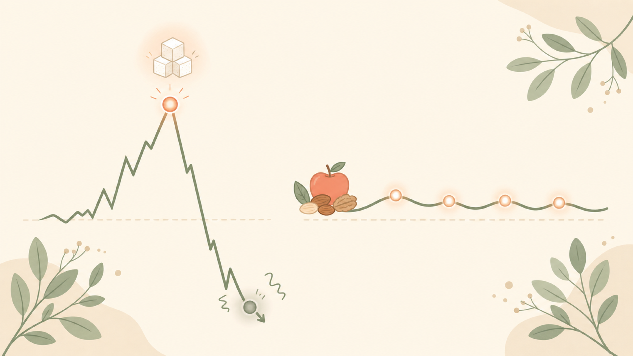 A soft flat diagram: on the left a jagged line spikes to a sugar-cube peak then crashes below the baseline as the focus-orb dims; on the right a gentle even line beside an apple and nuts keeps the focus-orb glowing steadily.