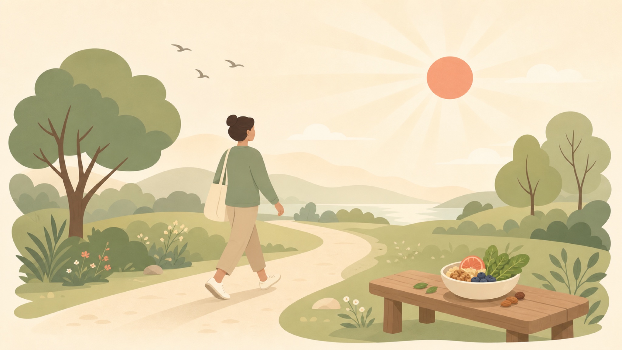 A person taking an unhurried morning walk on a sunlit path with a warm rising sun, trees and birds, and a wooden bench holding a bowl of fruit, greens, and nuts nearby