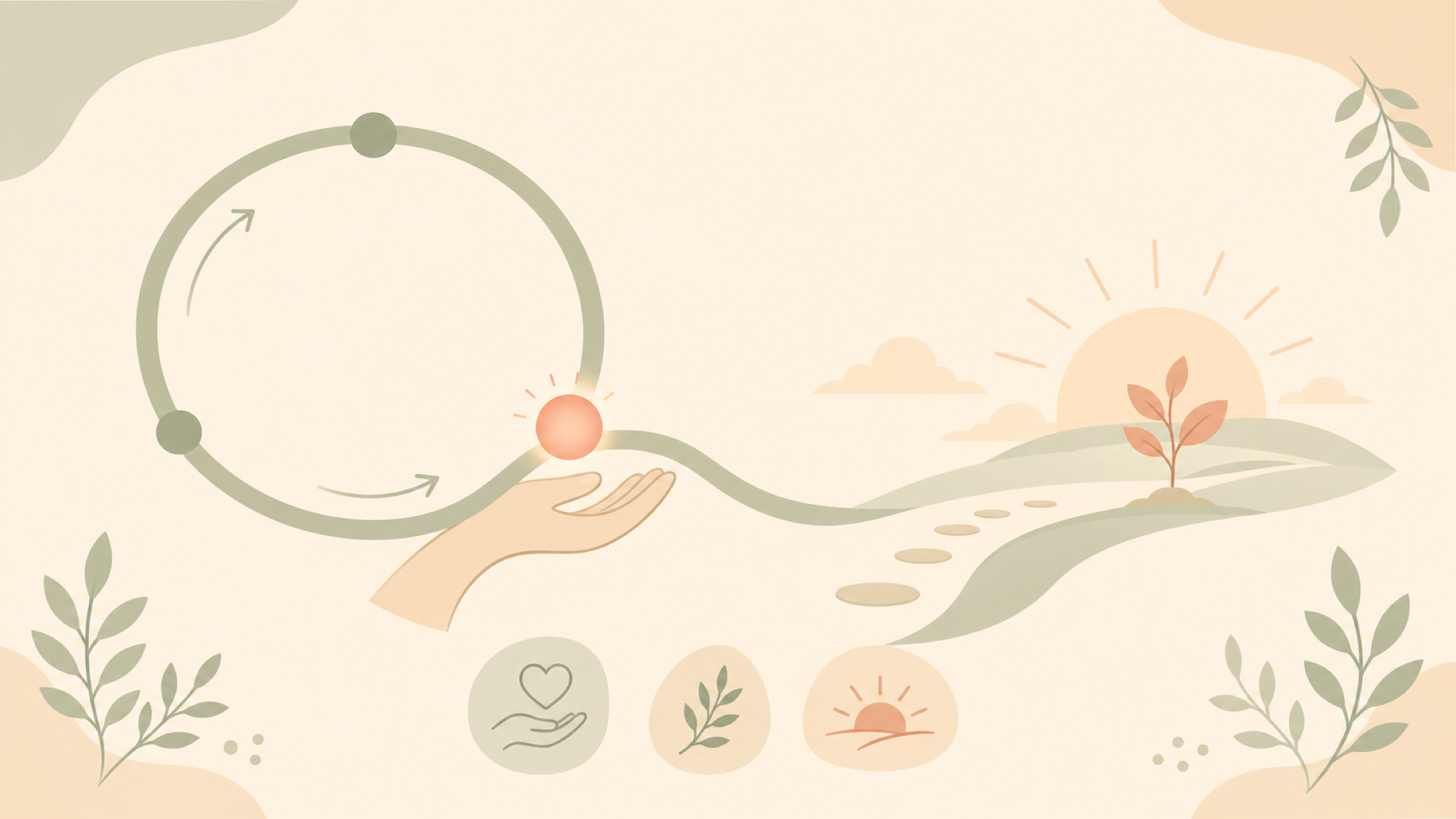 A soft flat diagram: an orb circles a closed habit loop on the left; at an off-ramp a cupped hand steadies it as it leaves onto a stepping-stone path toward a sunrise and a small sprout on the right.