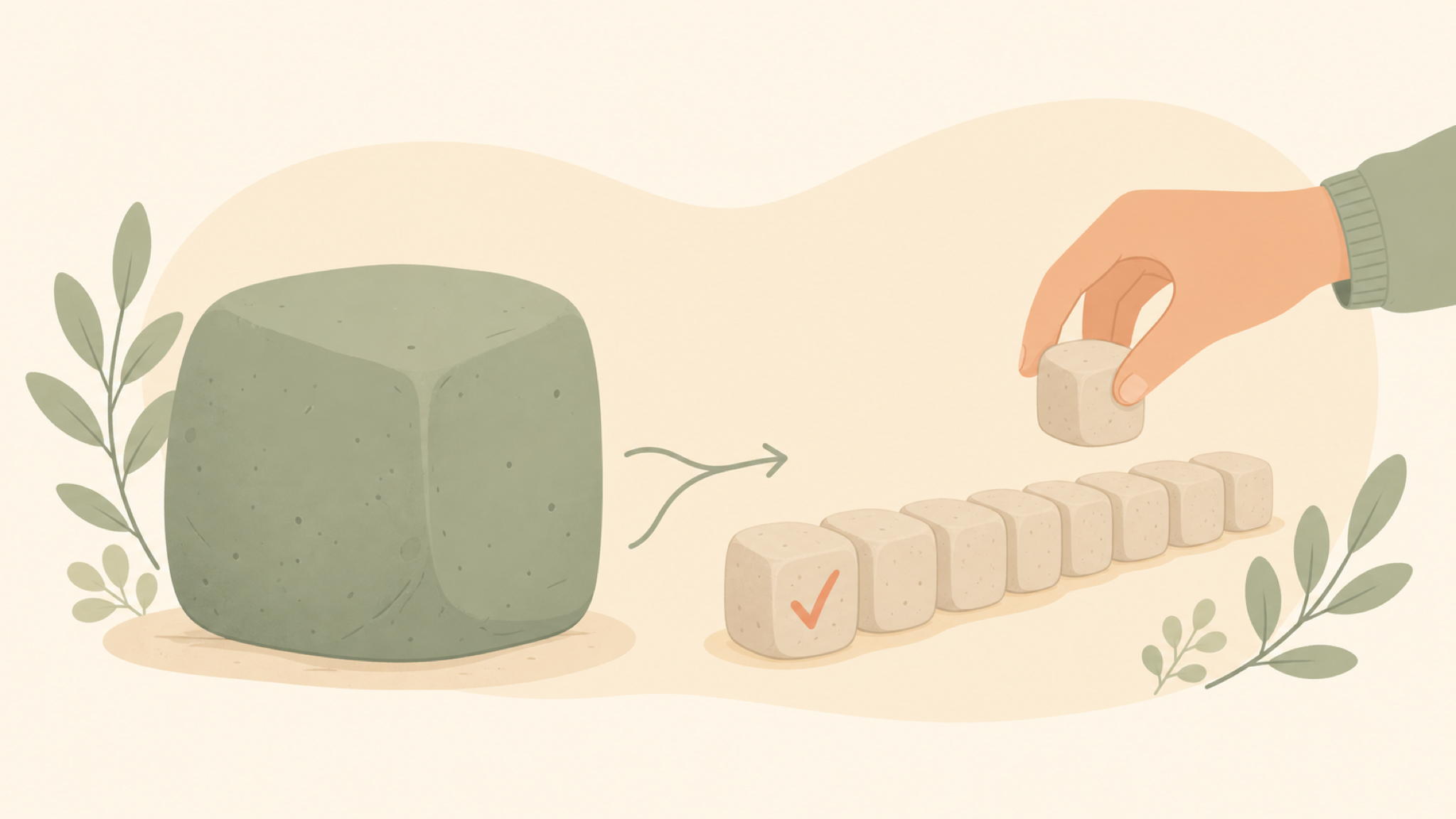 A soft illustration: one large heavy block on the left becomes a neat row of small, light blocks on the right, where a relaxed hand easily lifts one and the first block carries a check mark