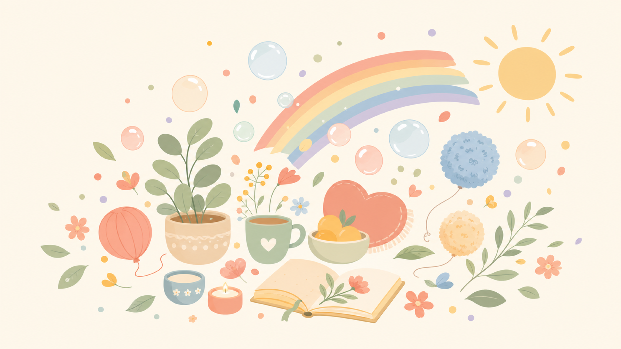 A light, cheerful cluster of joyful things: a soft rainbow arc, floating bubbles, round confetti dots, a potted plant with leaves and blossoms, a heart-shaped pom-pom, round balloon shapes, a small sun, a mug and an open book
