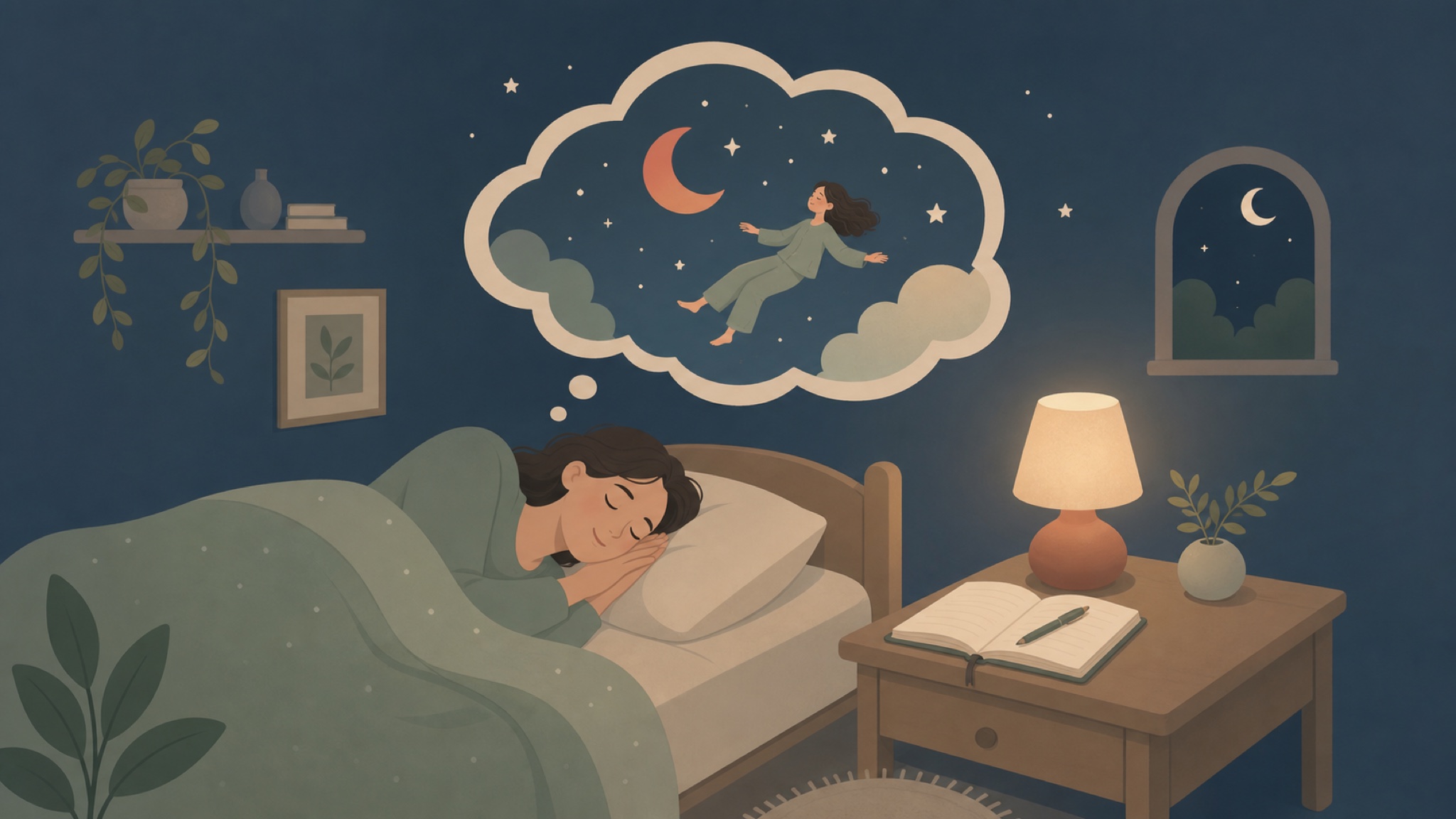 A calm nighttime bedroom: a person sleeping peacefully, a soft dream cloud above them holding a figure drifting among a crescent moon and stars, and a bedside nightstand with an open dream journal, a pen, and a warm lamp
