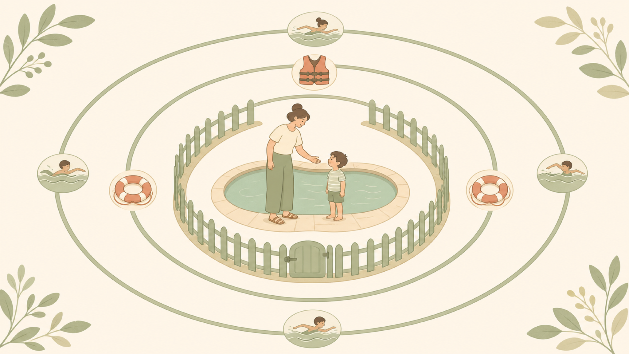 A calm illustration: a child stands safely at the edge of a small backyard pool with an attentive adult holding their hand, surrounded by concentric protective rings — a four-sided fence with a gate, a life ring and life jacket, and a swimming figure