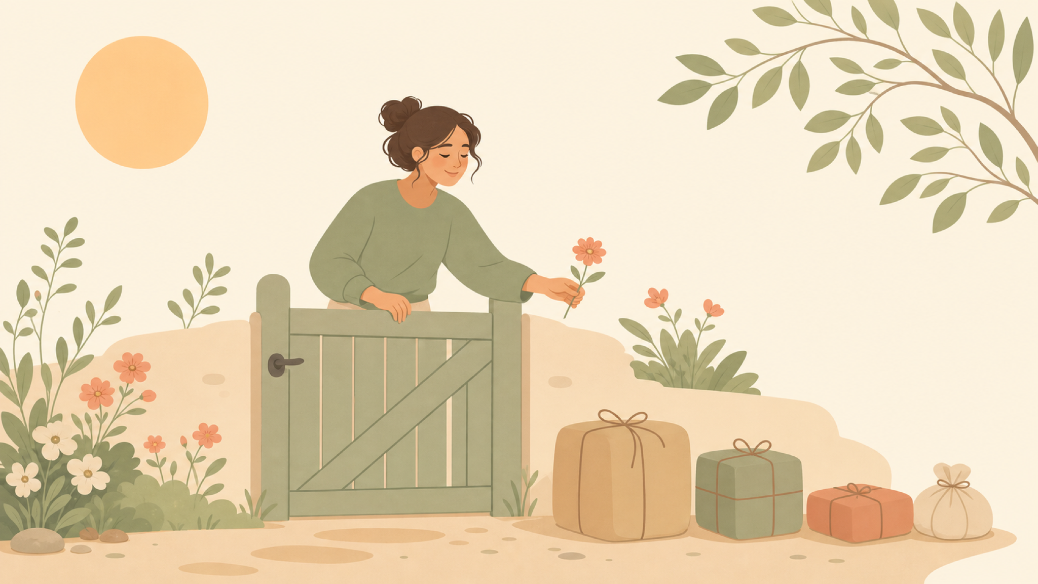 A person rests one hand on a closed garden gate while offering a small flower over it; wrapped parcels wait outside the gate