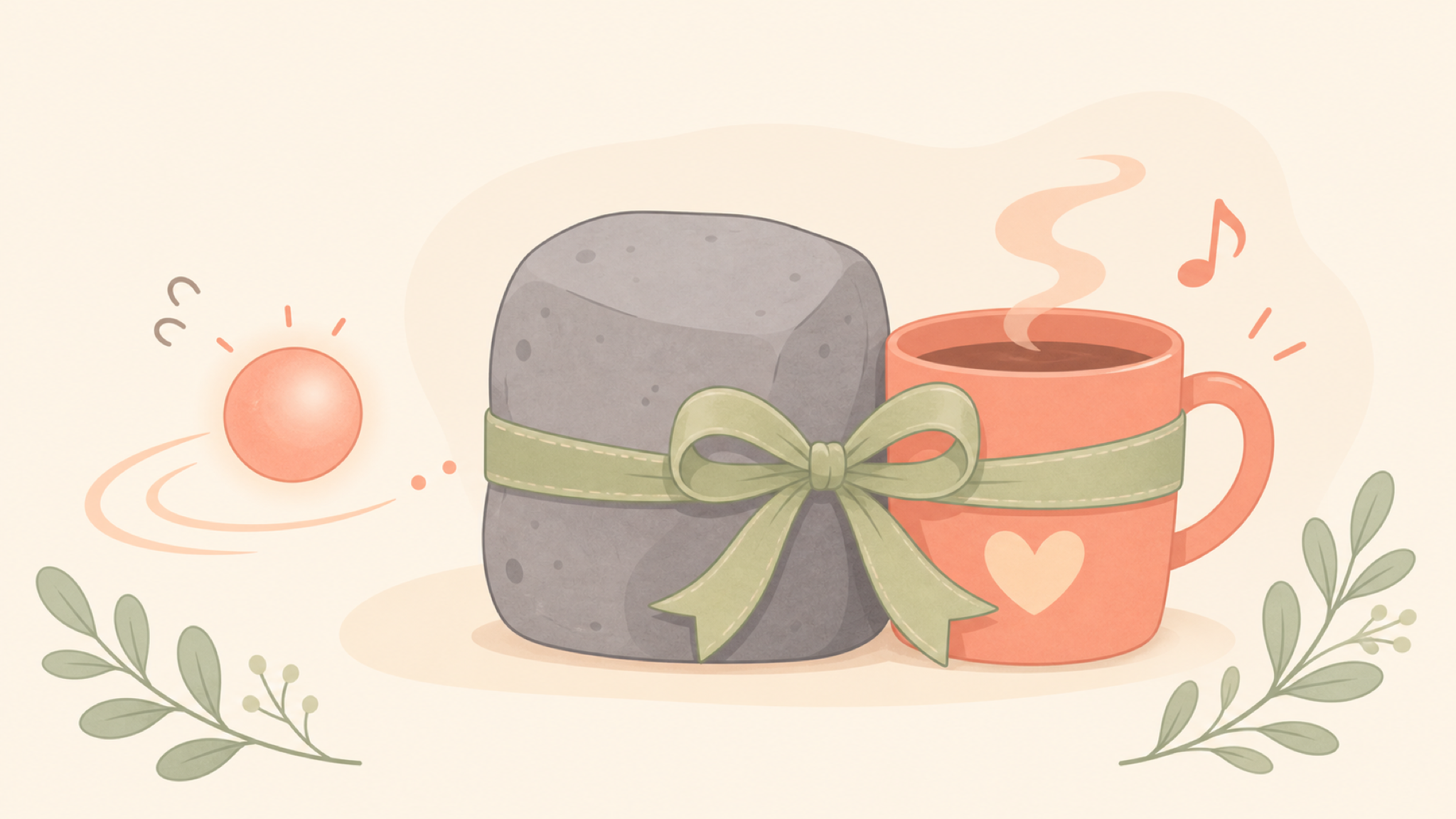 A soft flat diagram: a dull grey block (the hard task) tied by a ribbon to a warm mug of tea and a music note (a reward), with a glowing orb gliding happily toward the bundled pair.