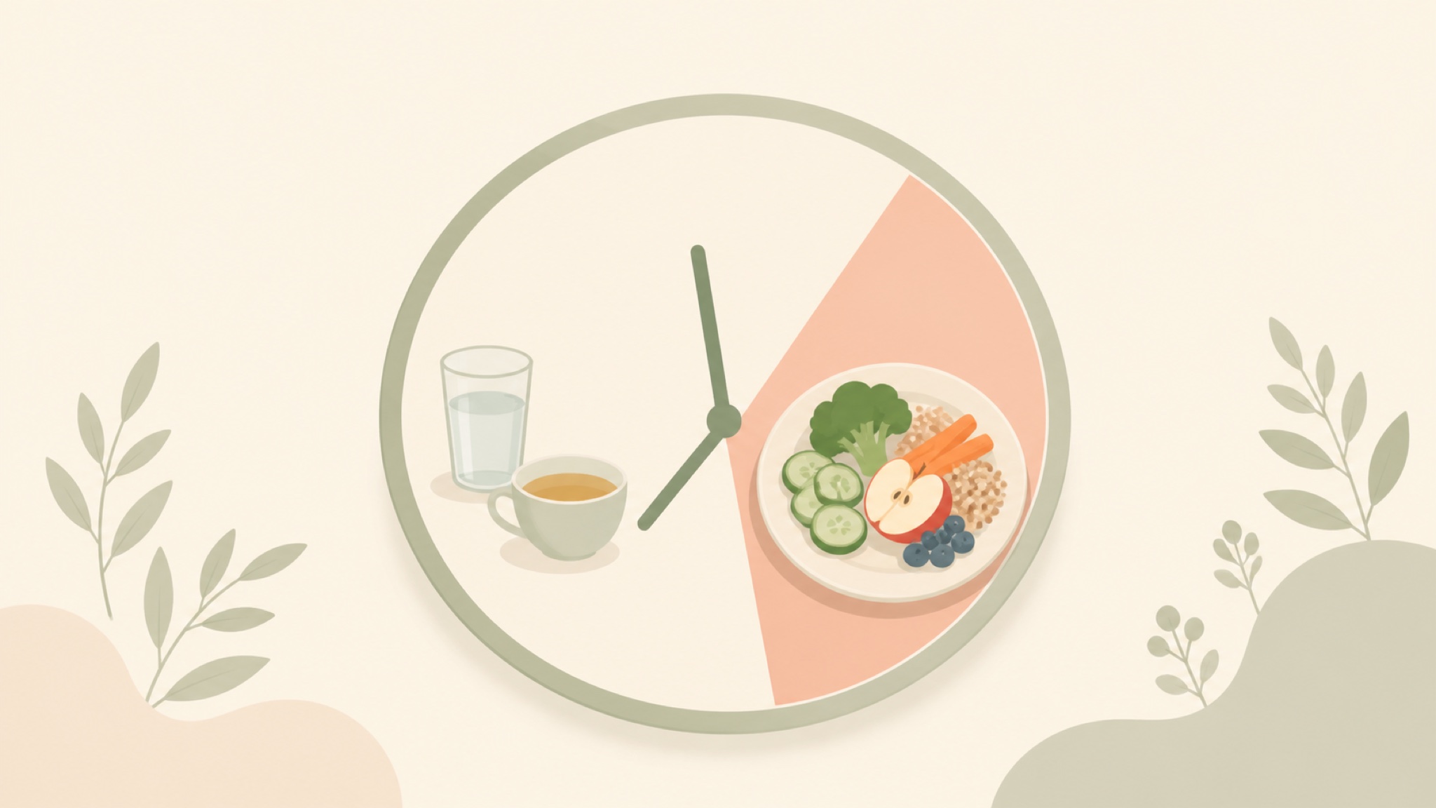 A numberless clock face with a warm highlighted wedge holding a plate of colorful vegetables, fruit, and grains, while a glass of water and a cup of tea sit over the calm remaining hours