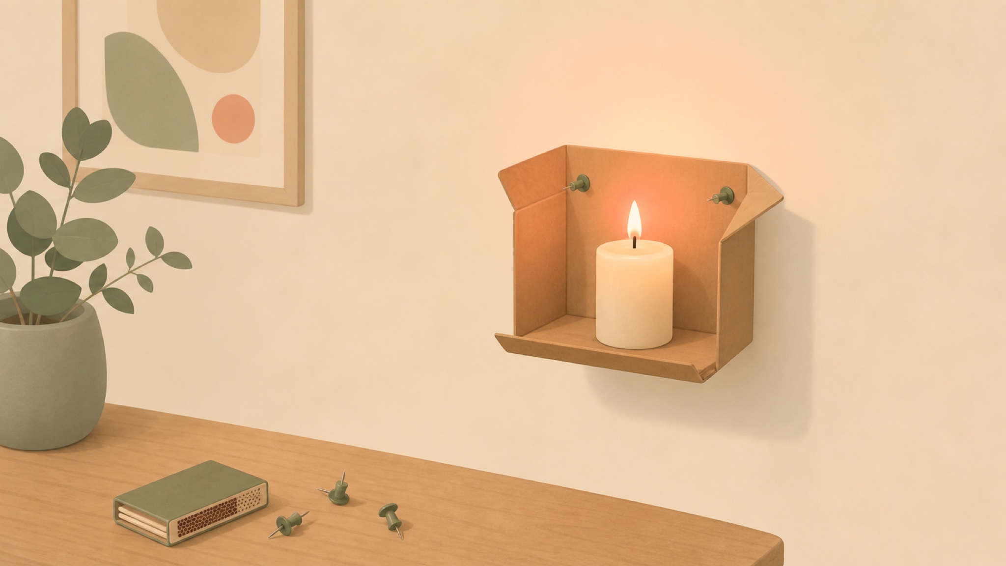 A lit candle standing on a small cardboard box that is tacked to the wall as a shelf, with a matchbook and spare thumbtacks resting on the table below