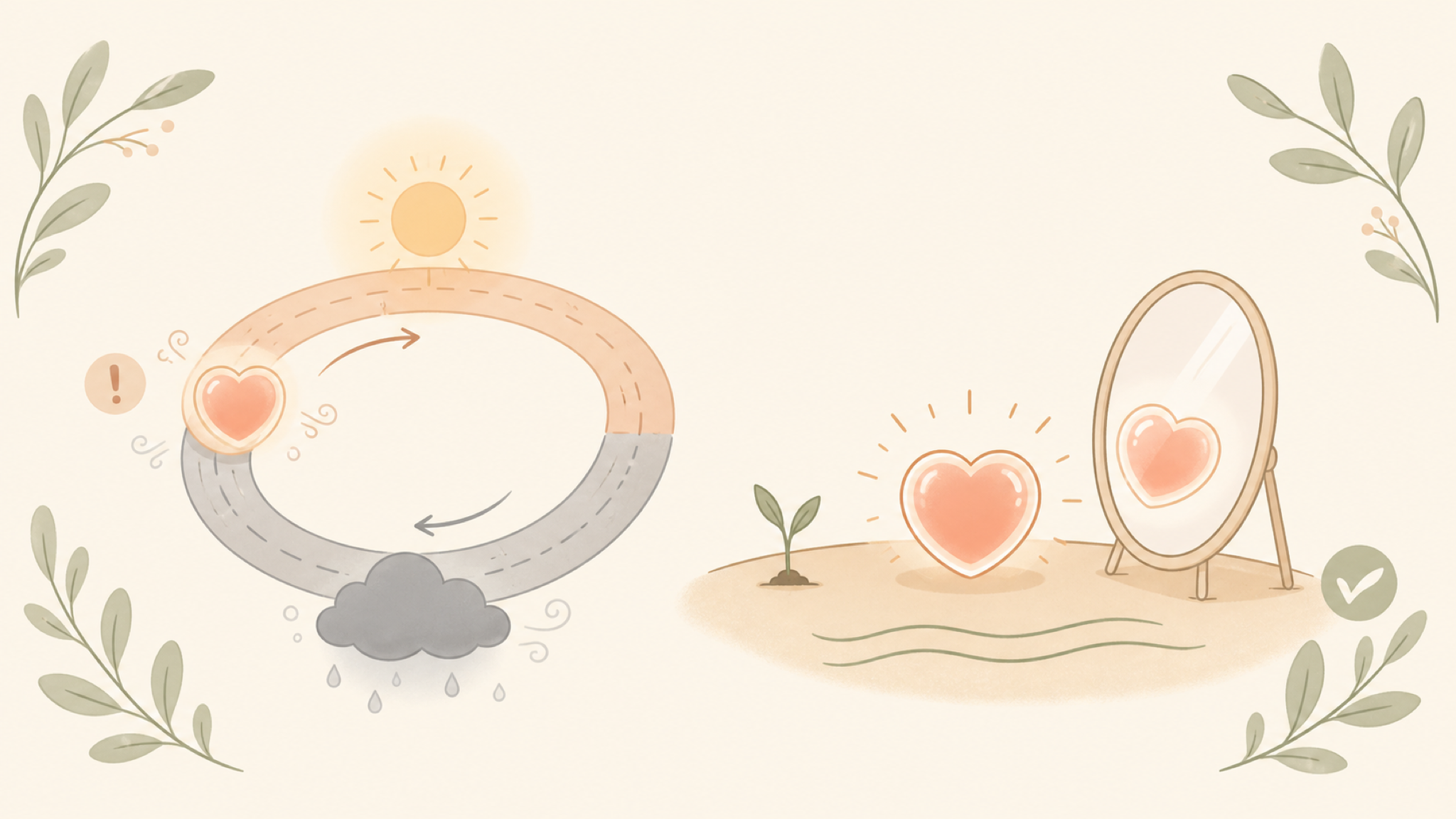 A soft flat diagram: on the left a heart is caught circling a loop that alternates between warm sun and a cold grey cloud (the warmth-then-coldness cycle); on the right the heart has stepped off onto steady ground and a mirror shows a clear, true reflection — self-trust restored.