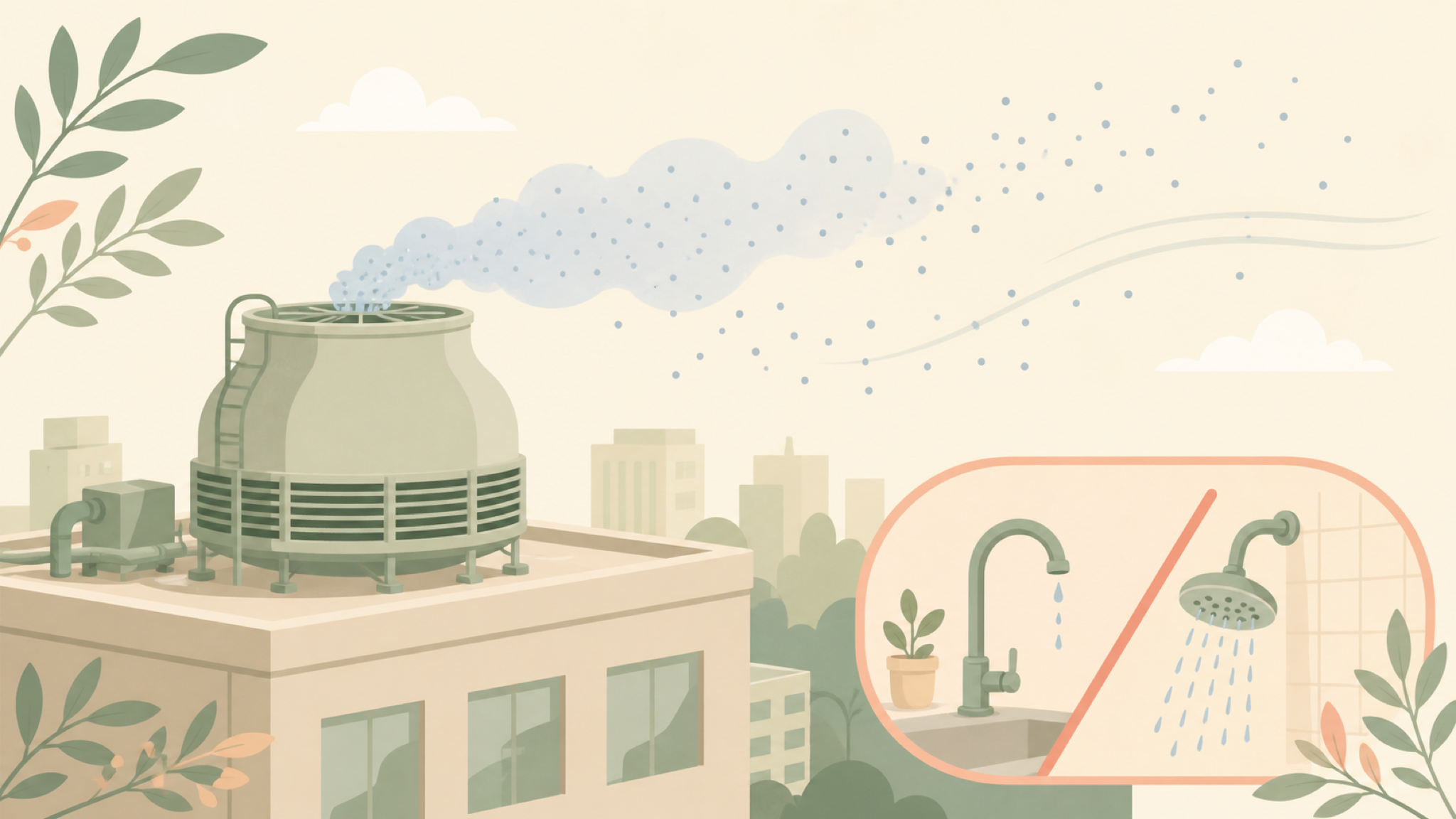 A calm diagram: a rooftop cooling tower releases an airy plume of mist droplets drifting on the breeze over a city skyline, with a small inset of a kitchen tap and a shower head marked with a soft slash to show they are not the source