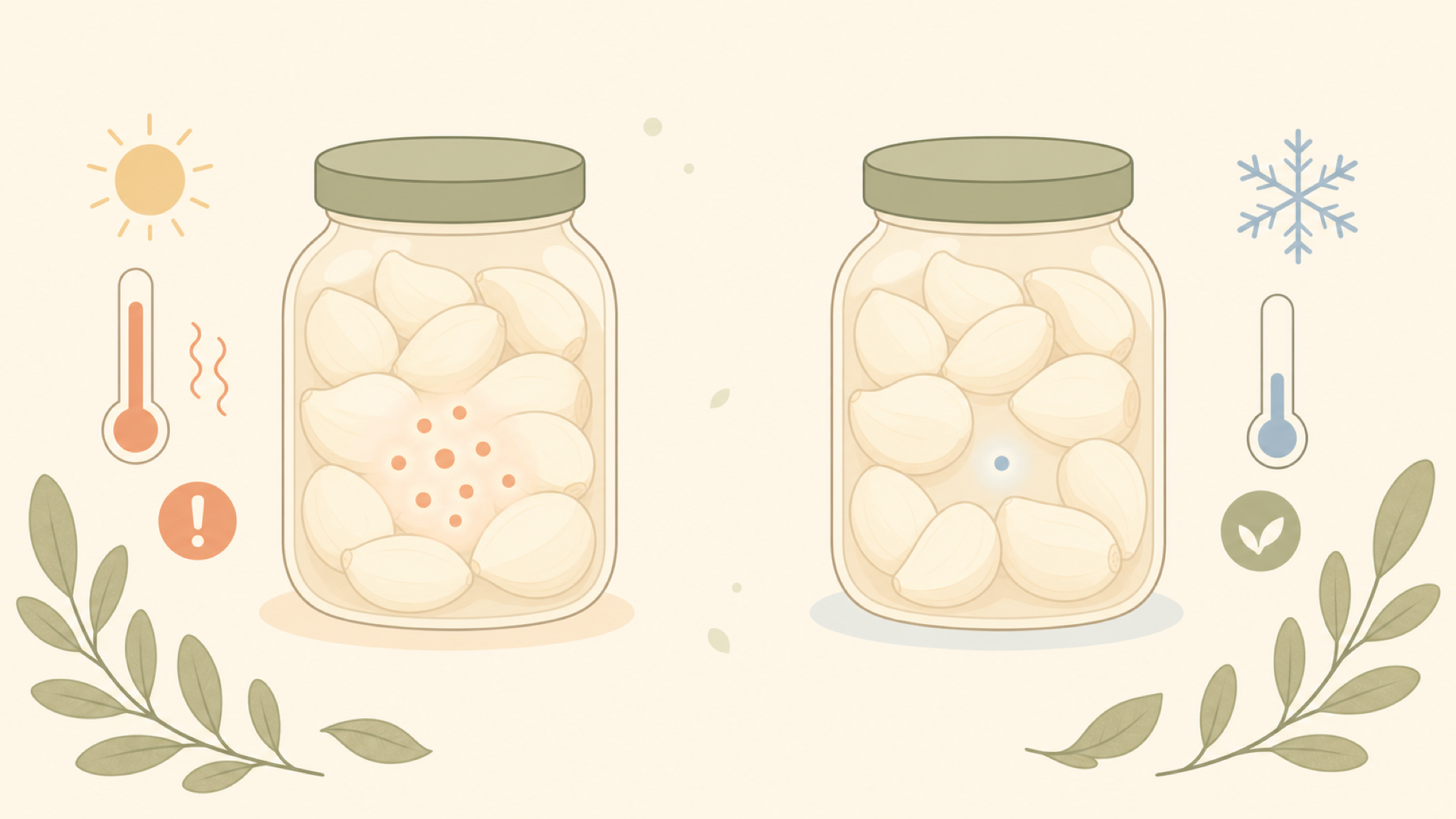 A soft flat diagram: a jar of peeled garlic left in warmth (a sun and a high thermometer) with small dots multiplying inside, versus the same jar kept cold (a snowflake and a low thermometer) with the dots staying dormant.