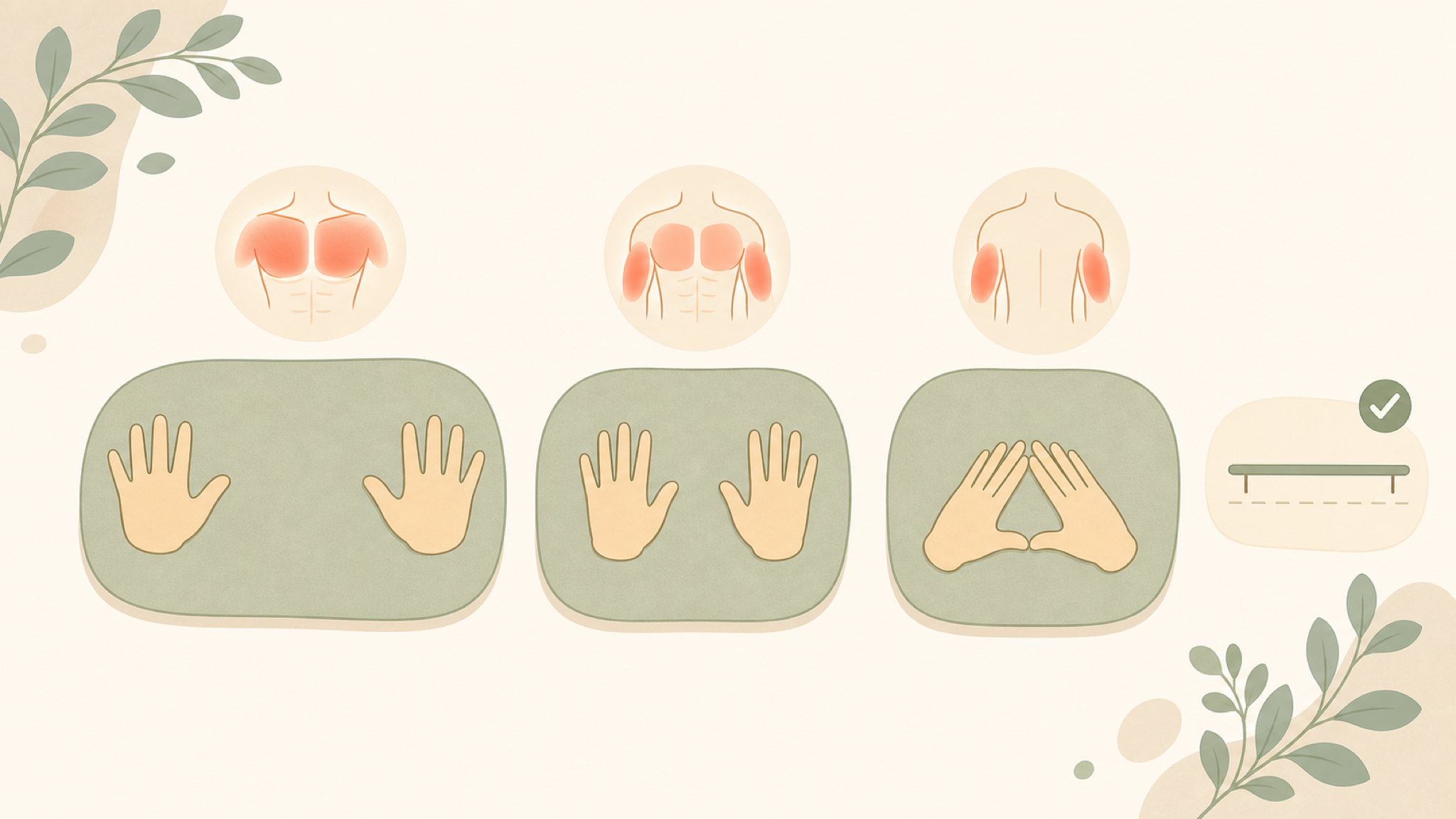 A soft flat diagram: three mats showing hand placements — wide, shoulder-width, and a close diamond — each with a small muscle icon above showing the emphasis shift from chest toward triceps, plus a level bar reminding you to keep the body straight.