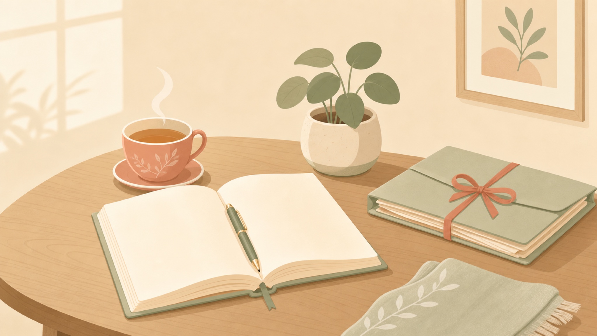 A calm desk still-life in soft light: an open blank notebook with a pen resting in the crease, a warm cup of tea, a small potted plant, and a folder of papers tied with a ribbon