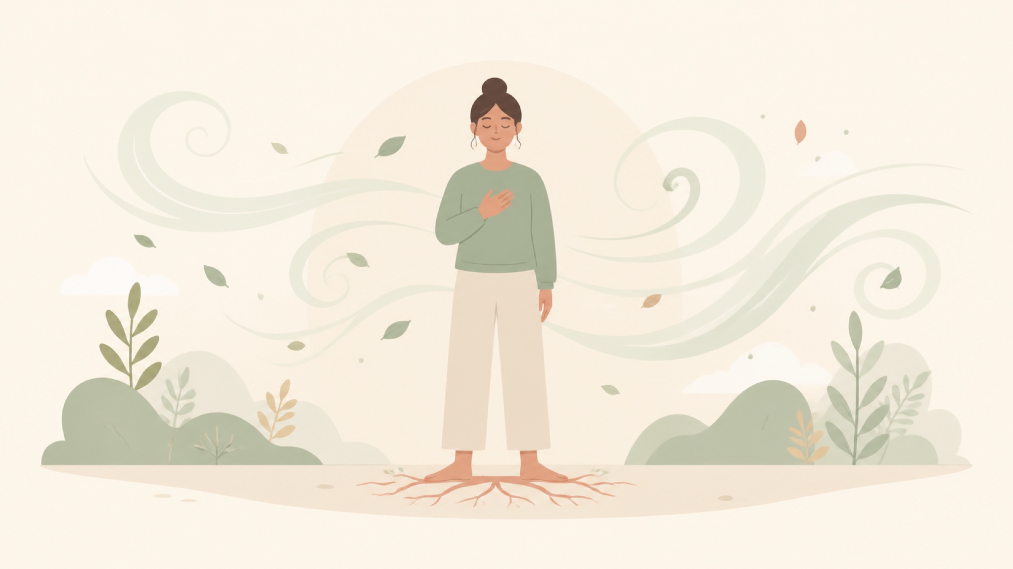 A calm, centered person standing with roots at their feet, one hand resting on their chest, while soft swirling wind and leaves sweep past without knocking them off balance
