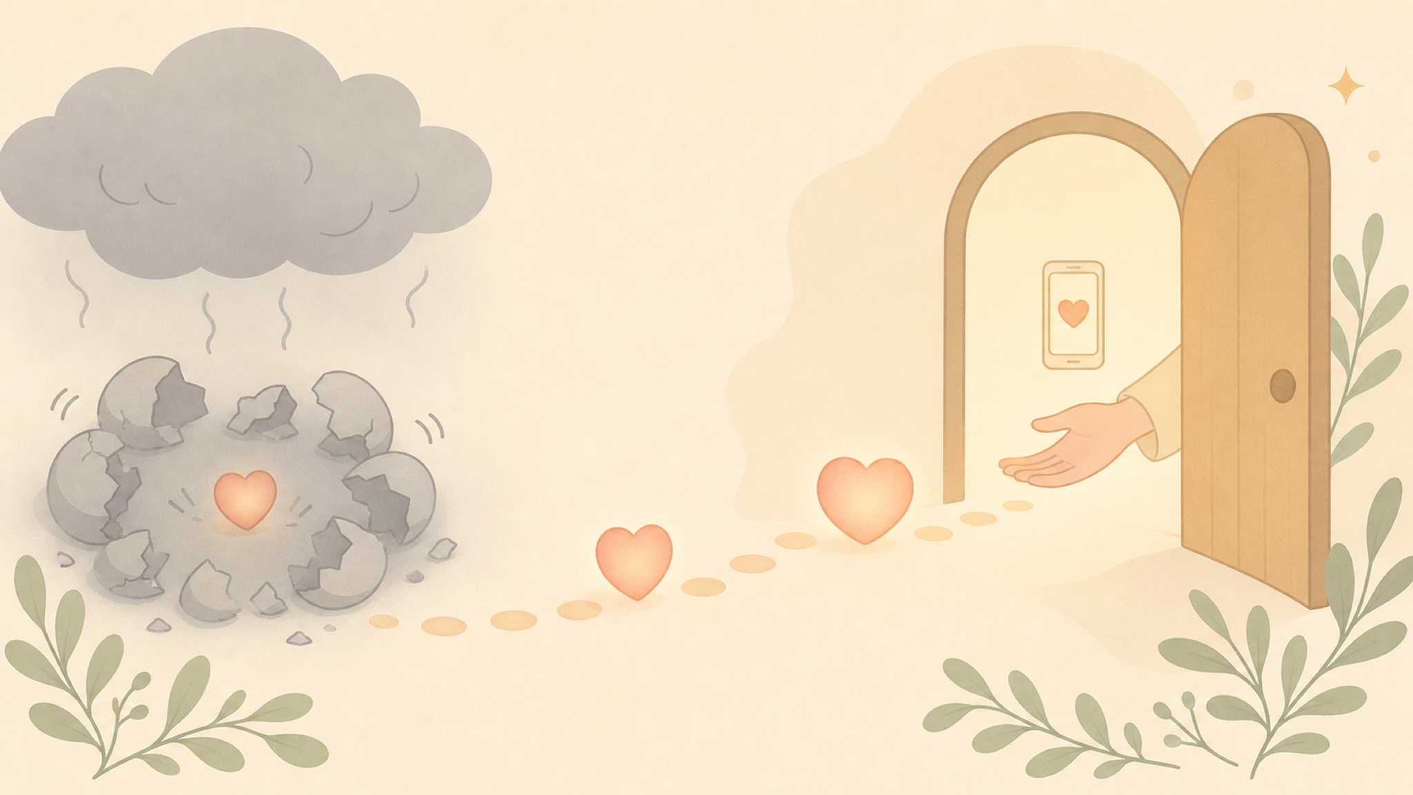 A soft flat diagram: on the left a dimmed heart is ringed by cracked eggshells under a grey cloud (walking on eggshells), and a path of warm stepping-dots leads to a glowing open doorway with a helping hand and a phone showing a heart — a confidential help line.