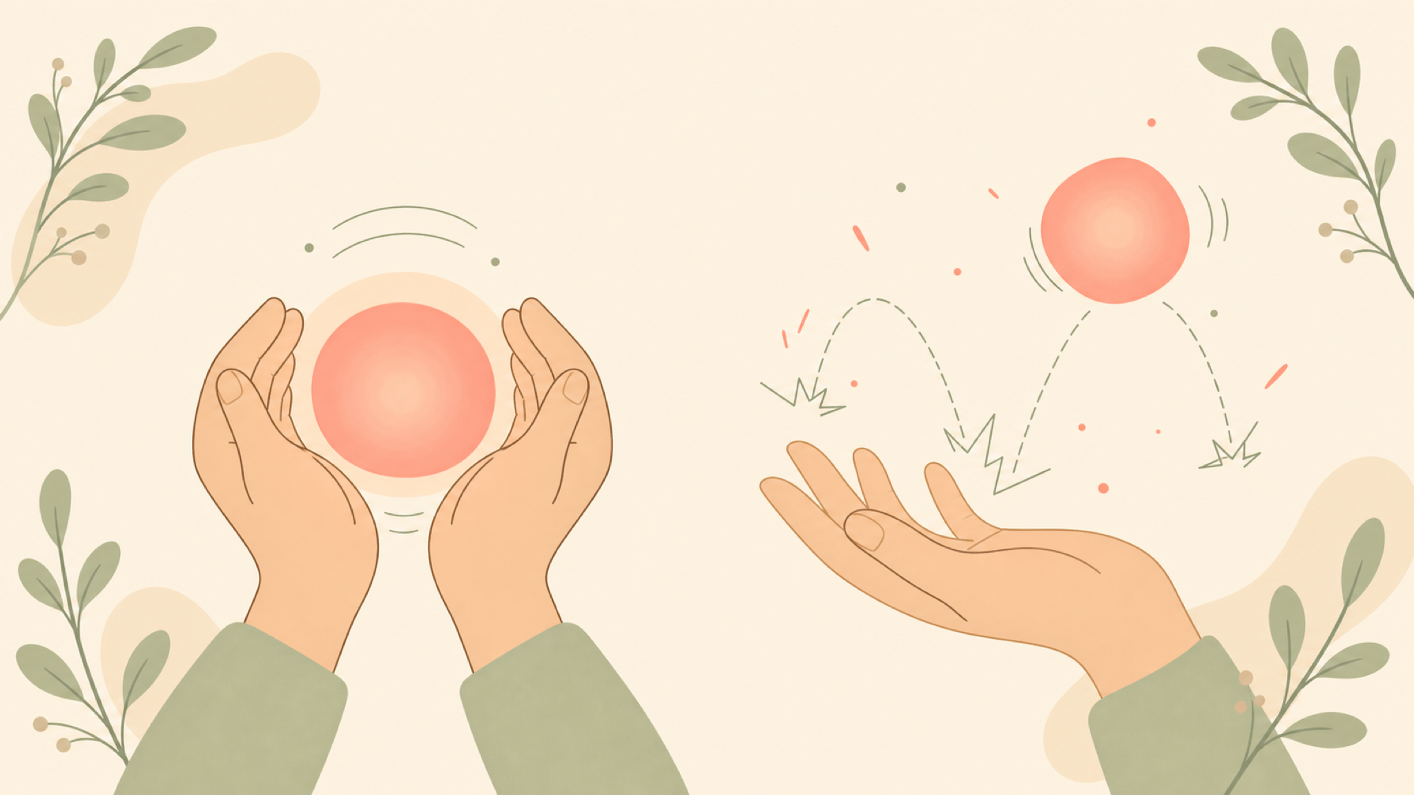 A soft illustration with no faces: two cupped hands calmly cradle a glowing emotion-orb on the left, while on the right the same orb ricochets loose above an open hand with small bounce marks