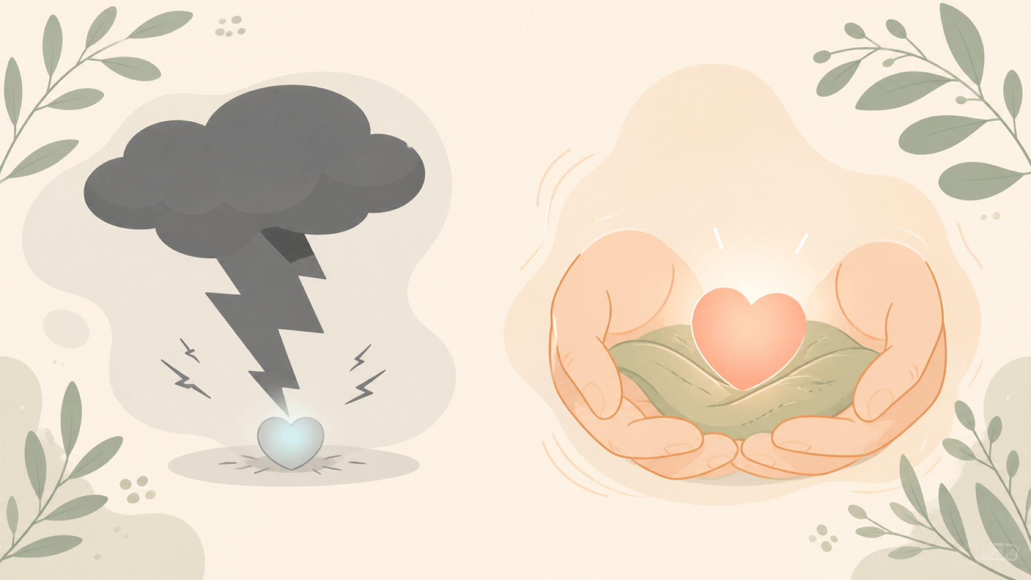 A soft flat diagram: on the left a small dim heart is pressed under a dark storm cloud and lightning (harsh self-criticism); on the right the same heart glows warmly, cradled in a pair of open cupped hands (self-compassion).