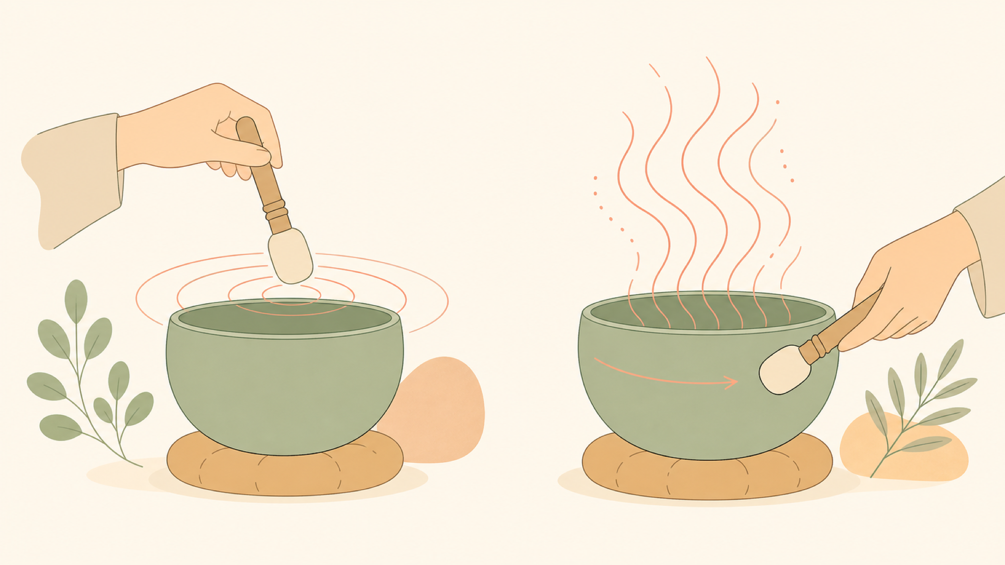 Two soft vignettes: on the left a padded mallet taps the rim of a sage singing bowl sending out concentric rings; on the right the mallet circles the outer rim with a curved arrow while continuous wavy tone lines rise