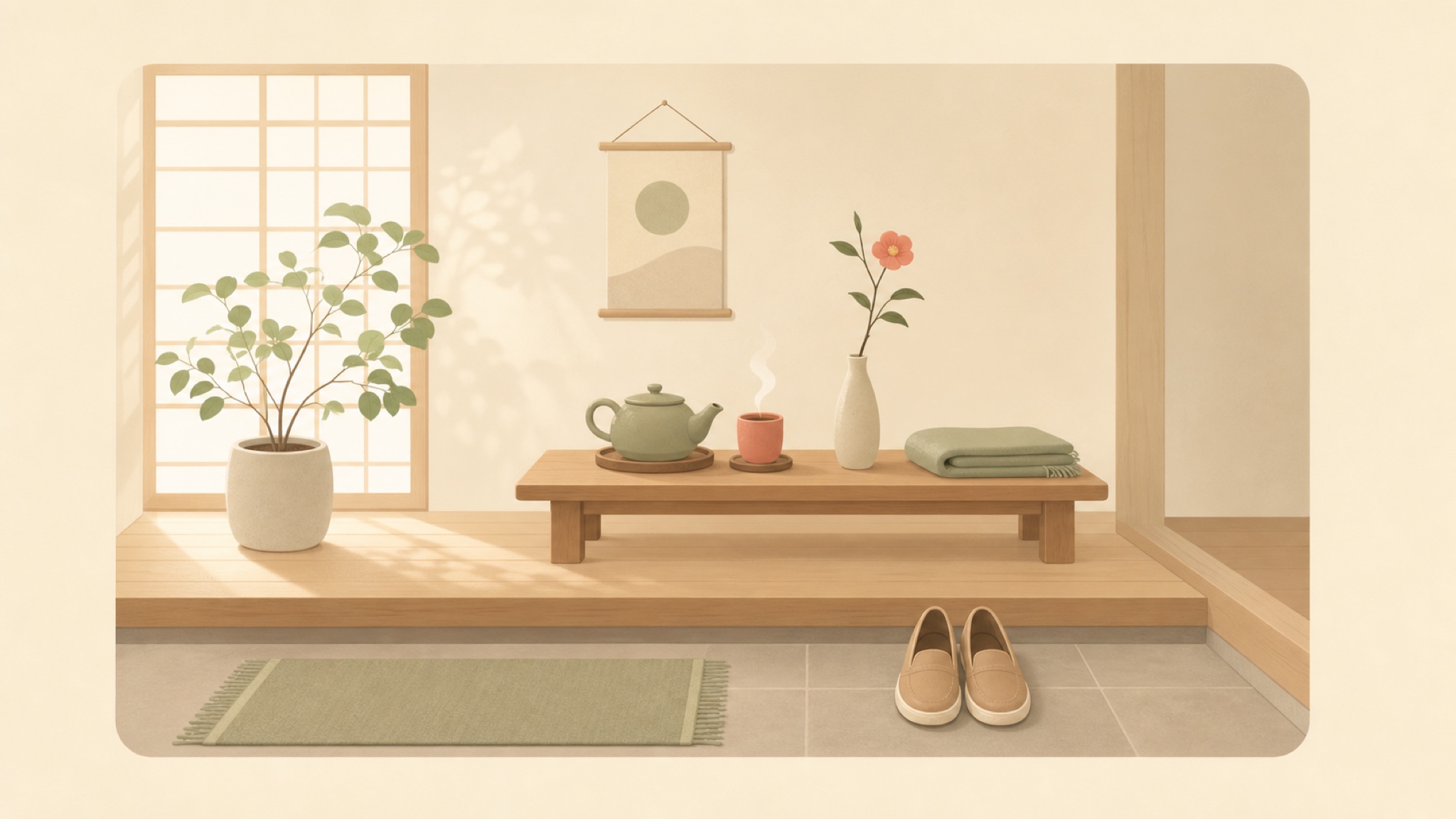 정갈한 일본식 방: 겐칸에 나란히 놓인 신발, 낮은 탁자 위 김 오르는 차와 꽃 한 송이, 창가 화분과 부드러운 아침 빛