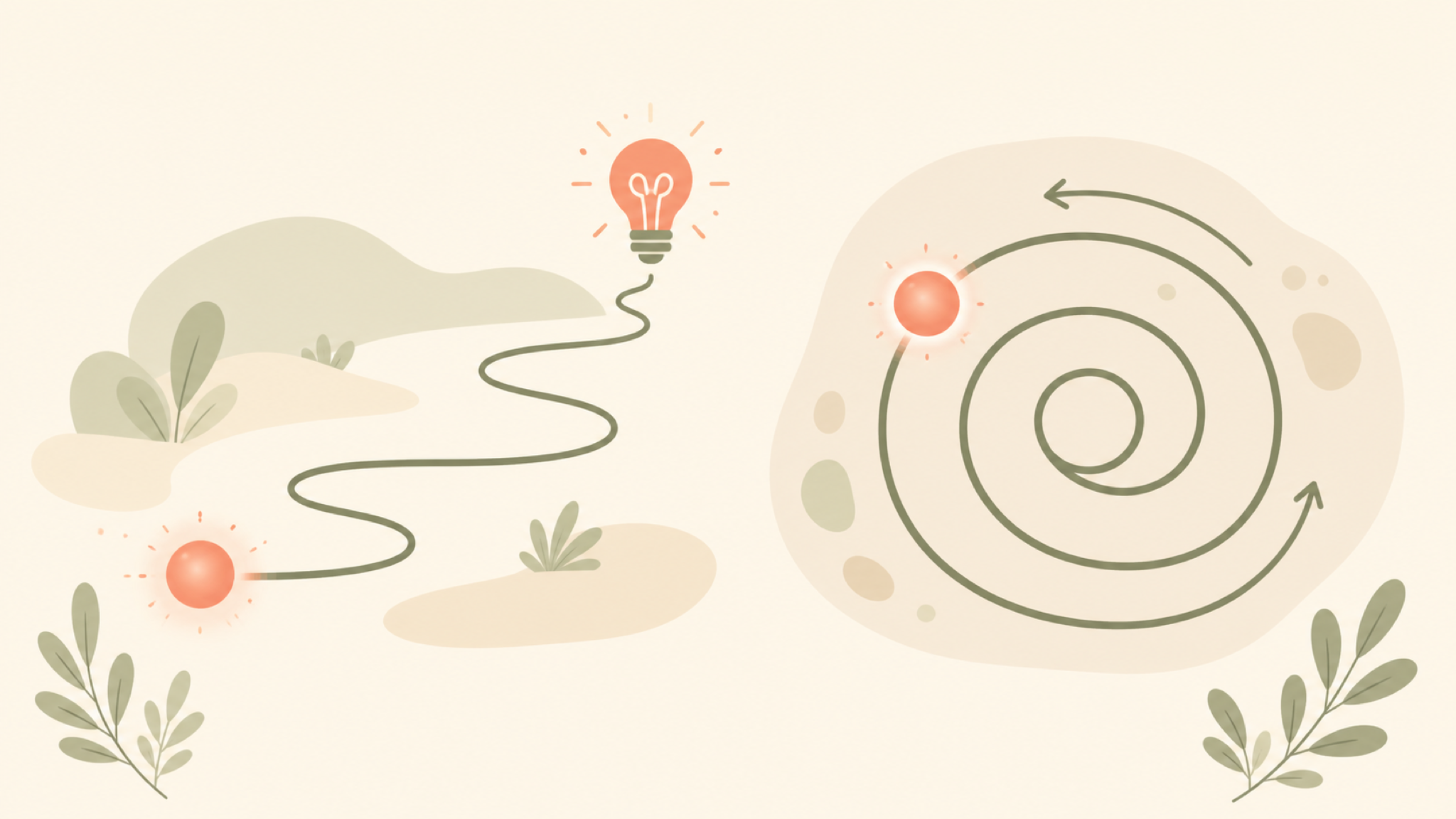 A soft illustration with no faces: on the left a thought-orb travels an open winding path up to a small lightbulb of insight; on the right the same orb is stuck circling a closed spiral loop
