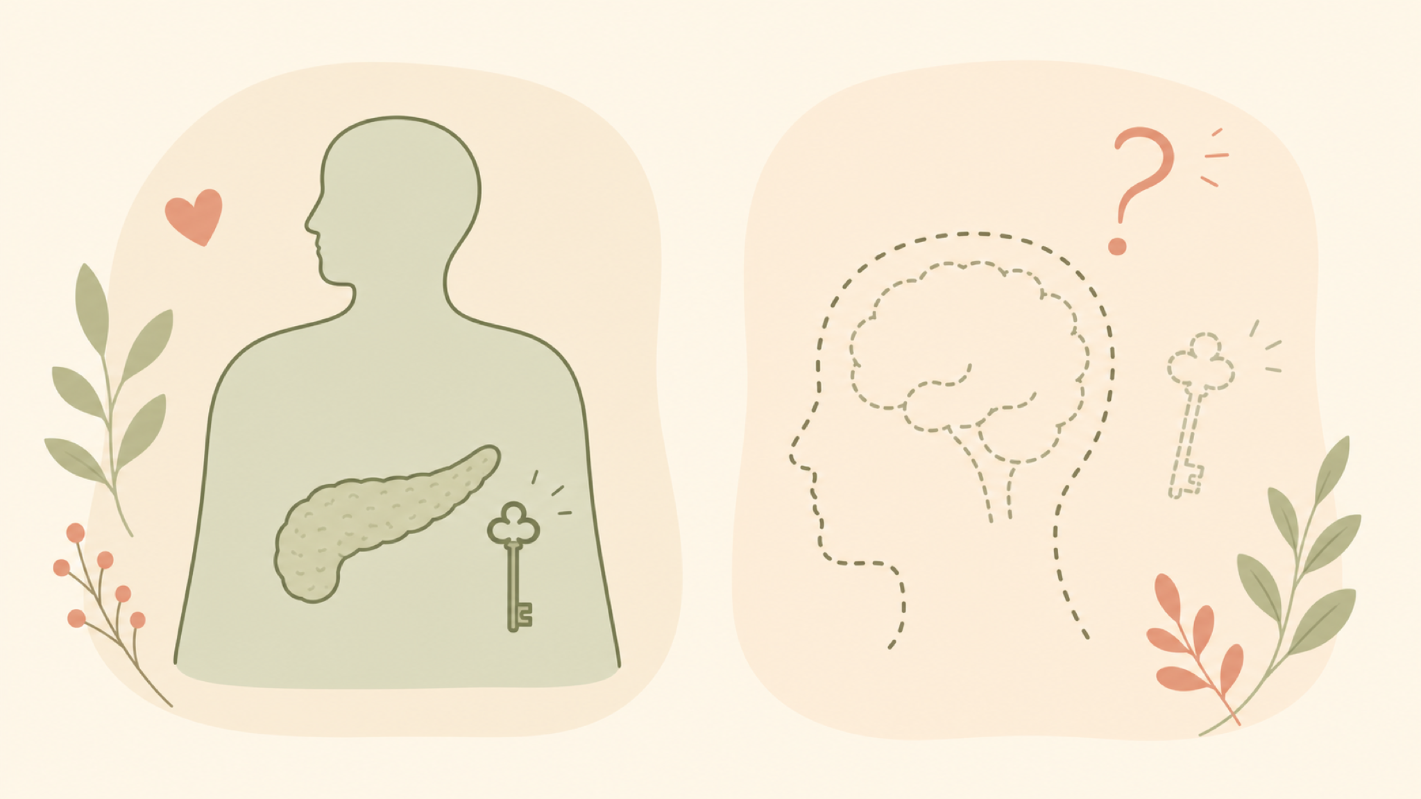 Two soft panels: a solid-outline body with a pancreas and a key for insulin, versus a dashed-outline head and brain with a faded key and a question mark