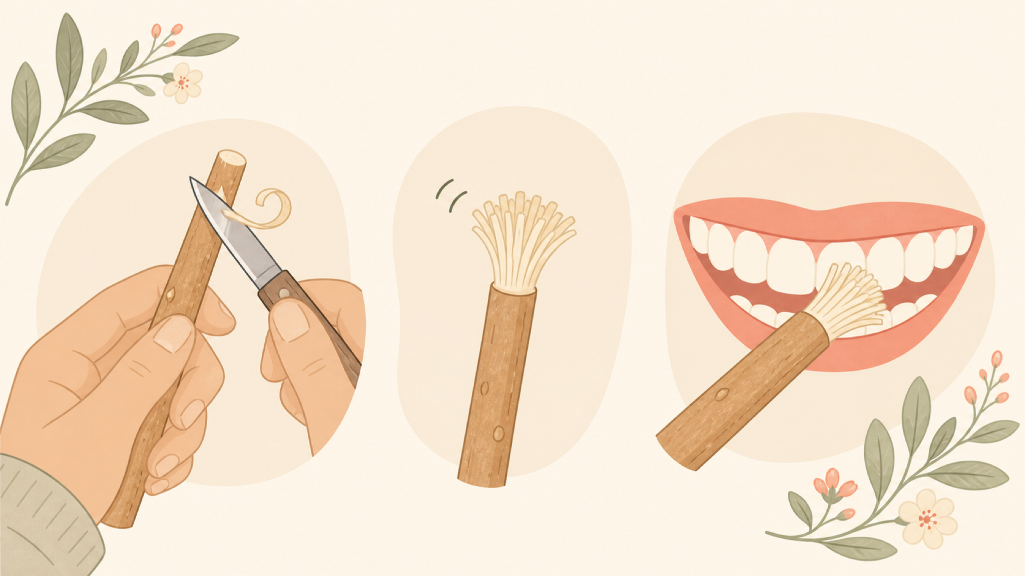 Three soft vignettes showing how to use a miswak: a hand trims a thin curl of bark off the twig tip with a small knife, the tip splays into soft frayed bristles, and the frayed brush-end cleans a friendly set of teeth