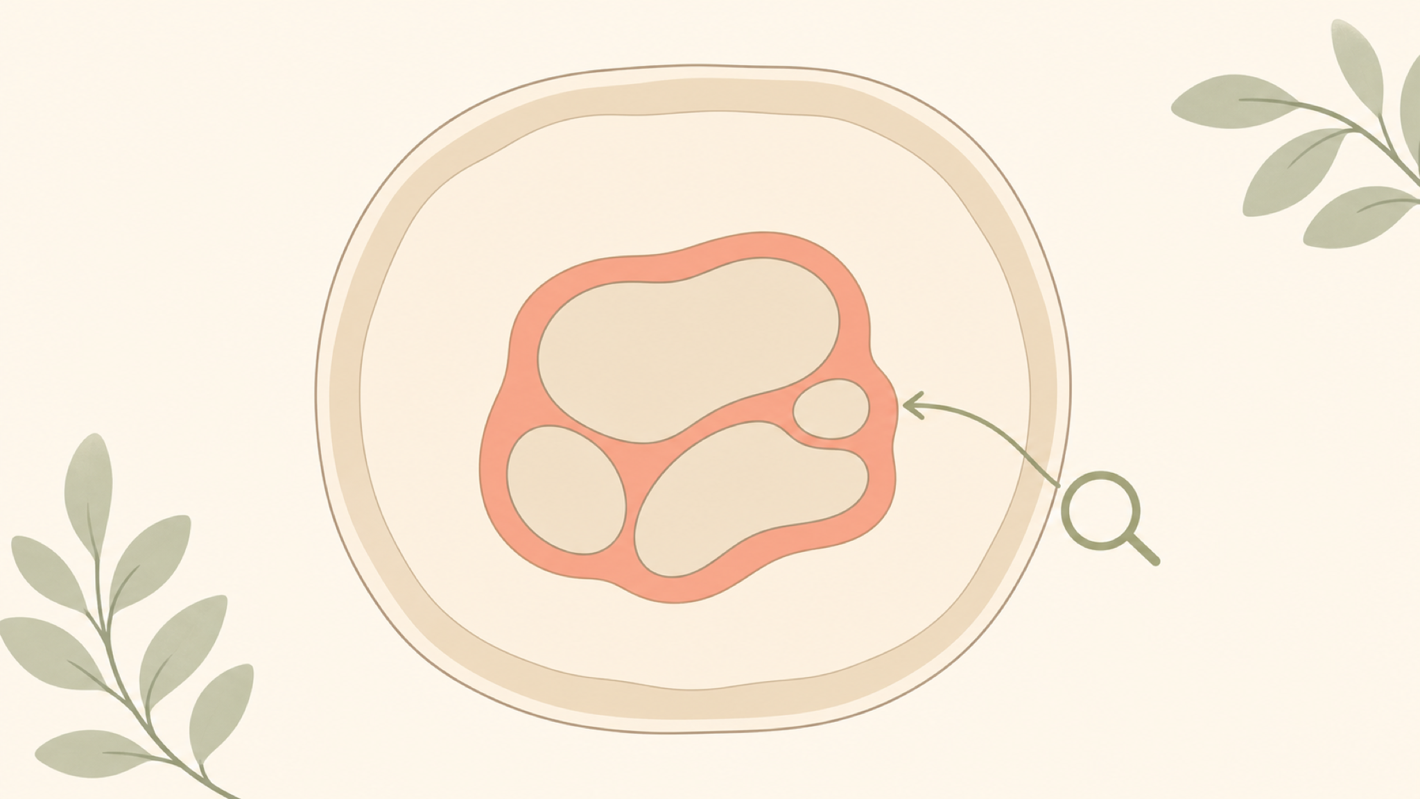 A soft abstract cross-section: a thin sand-colored band just under the skin (subcutaneous fat) and a deeper coral layer wrapping simple organ shapes in the center (visceral fat), with a magnifier pointing to the deep layer.