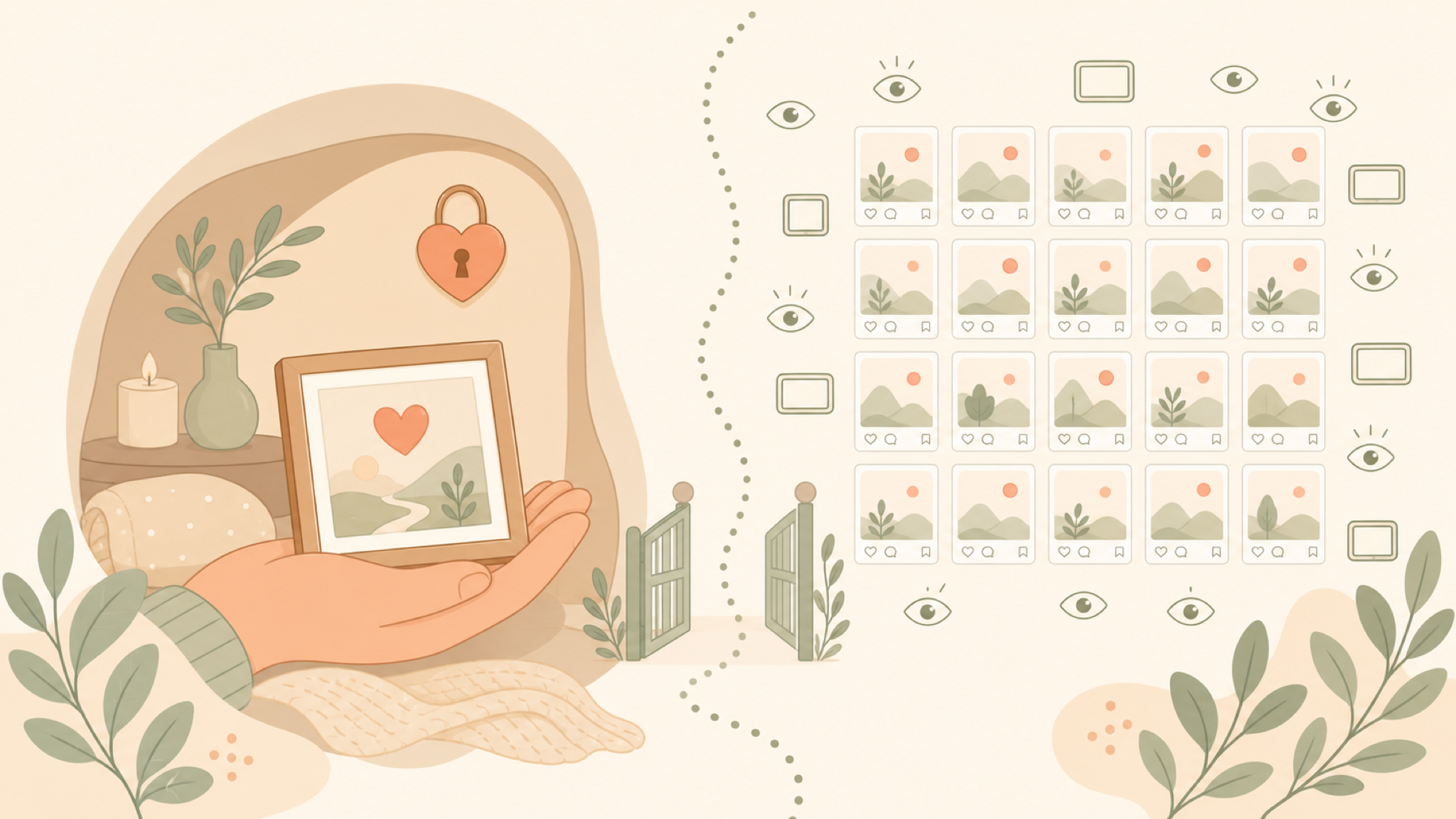 A soft illustration with no faces: hands cradle a cherished framed photo with a heart in a cozy nook marked by a heart-shaped padlock, while beyond a dotted boundary line with a small open gate sits a grid of public feed cards with tiny eye marks